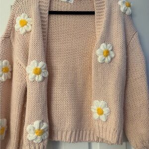 Floral Knit Cardigan Sweater - Pink